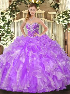 Fashion Lavender Sleeveless Beading and Ruffles Floor Length Quince Ball Gowns