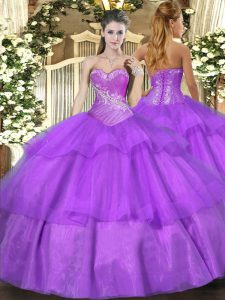 Great Floor Length Lilac Sweet 16 Dress Tulle Sleeveless Beading and Ruffled Layers