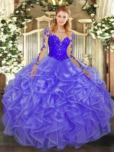 Romantic Scoop Long Sleeves Quince Ball Gowns Floor Length Lace and Ruffles Lavender Organza