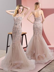 Adorable Scoop Sleeveless Tulle Prom Dresses Beading and Ruffles Sweep Train Zipper
