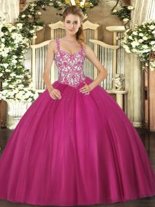 Top Selling Tulle Straps Sleeveless Lace Up Beading and Appliques Sweet 16 Quinceanera Dress in Fuchsia