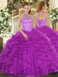Top Selling Organza Halter Top Sleeveless Lace Up Beading and Ruffles Ball Gown Prom Dress in Purple