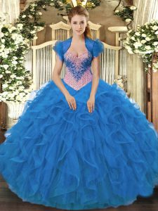 Customized Blue Sleeveless Beading and Ruffles Floor Length Quinceanera Gowns