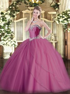 Stunning Lilac Ball Gowns Beading 15th Birthday Dress Lace Up Tulle Sleeveless