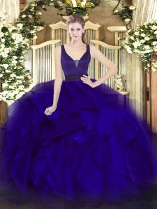 Dramatic Blue Sleeveless Floor Length Beading and Ruffles Zipper Quinceanera Dress
