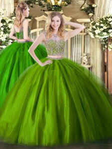 Hot Sale Floor Length Two Pieces Sleeveless Olive Green Quinceanera Dresses Lace Up