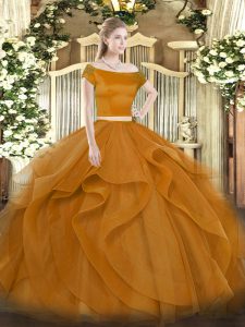 Off The Shoulder Short Sleeves 15 Quinceanera Dress Floor Length Appliques and Ruffles Brown Tulle
