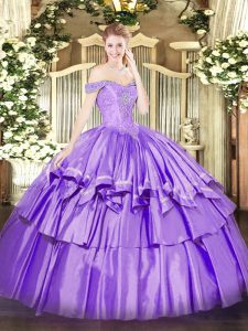 Exquisite Sleeveless Floor Length Beading and Ruffled Layers Lace Up Quinceanera Gown with Lavender
