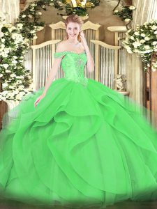 Affordable Green Ball Gowns Off The Shoulder Sleeveless Tulle Floor Length Lace Up Beading and Ruffles Sweet 16 Quinceanera Dress