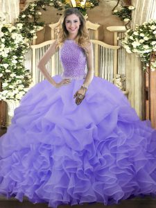 Graceful Lavender Quinceanera Dresses Military Ball and Sweet 16 and Quinceanera with Beading and Ruffles and Pick Ups High-neck Sleeveless Lace Up