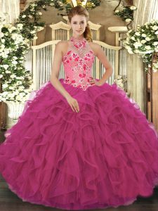 Floor Length Lace Up Sweet 16 Dress Hot Pink for Military Ball and Sweet 16 and Quinceanera with Beading and Embroidery and Ruffles