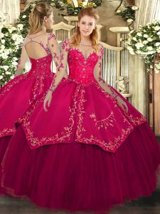 Comfortable Wine Red Lace Up Scoop Lace and Embroidery Quinceanera Dress Organza and Taffeta Long Sleeves