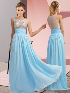 Cute Floor Length Aqua Blue Prom Evening Gown Chiffon Sleeveless Beading