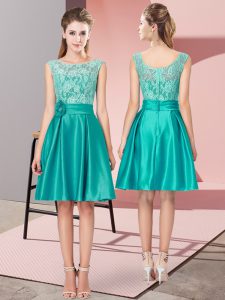 Sleeveless Satin Mini Length Zipper Prom Evening Gown in Turquoise with Lace and Hand Made Flower