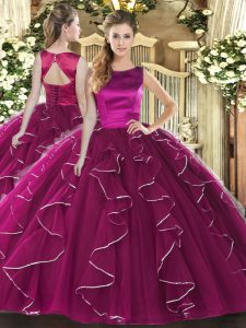 Spectacular Floor Length Lace Up Quince Ball Gowns Fuchsia for Military Ball and Sweet 16 and Quinceanera with Ruffles