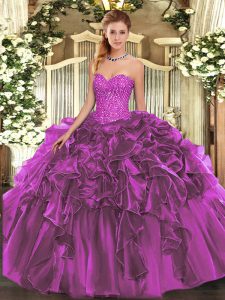 Floor Length Lace Up Sweet 16 Dress Purple for Military Ball and Sweet 16 and Quinceanera with Beading and Ruffles