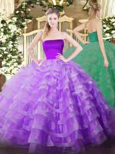 Discount Lilac Ball Gowns Tulle Strapless Sleeveless Ruffled Layers Floor Length Zipper Sweet 16 Dresses