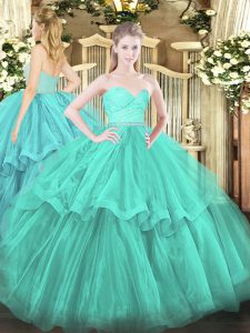 New Style Turquoise Sleeveless Beading and Lace and Ruffled Layers Zipper 15th Birthday Dress
