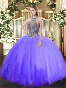 Romantic Halter Top Sleeveless Lace Up Quince Ball Gowns Lavender Tulle