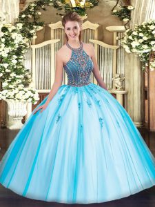 Aqua Blue Lace Up Halter Top Beading and Appliques Sweet 16 Dresses Tulle Sleeveless