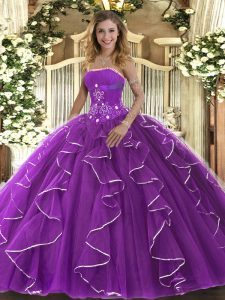 Floor Length Purple Quinceanera Dresses Strapless Sleeveless Lace Up