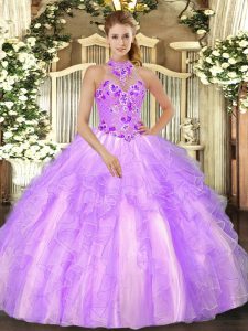 Modest Lilac Halter Top Lace Up Embroidery Quinceanera Dress Sleeveless