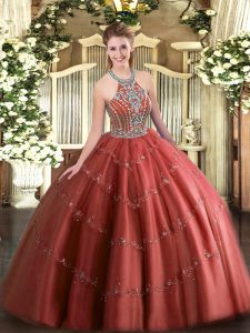 Beauteous Wine Red Ball Gowns Beading and Appliques Quinceanera Dress Lace Up Tulle Sleeveless Floor Length