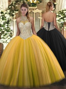 Stunning Tulle Halter Top Sleeveless Lace Up Beading Vestidos de Quinceanera in Gold