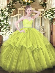 Glorious Brush Train Ball Gowns Quinceanera Gowns Olive Green Sweetheart Tulle Sleeveless Zipper