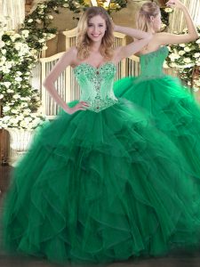 Top Selling Dark Green Ball Gowns Beading and Ruffles Sweet 16 Quinceanera Dress Lace Up Organza Sleeveless Floor Length