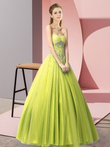 Most Popular Yellow Green Lace Up Prom Dresses Beading Sleeveless Floor Length