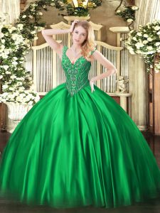 Decent Green 15th Birthday Dress Military Ball and Sweet 16 and Quinceanera with Beading V-neck Sleeveless Lace Up