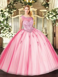 Sleeveless Floor Length Beading and Appliques Zipper Sweet 16 Quinceanera Dress with Pink