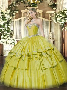 Stunning Sleeveless Floor Length Beading and Ruffled Layers Lace Up Sweet 16 Dresses with Yellow