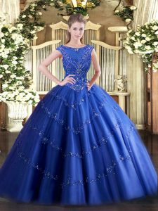 Glamorous Blue Sleeveless Tulle Zipper Quinceanera Gown for Military Ball and Sweet 16 and Quinceanera