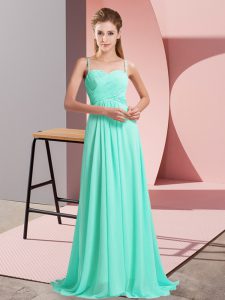 Free and Easy Turquoise Empire Spaghetti Straps Sleeveless Chiffon Sweep Train Backless Ruching Evening Dress