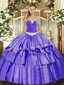 Custom Design Lavender Organza and Taffeta Lace Up Ball Gown Prom Dress Sleeveless Floor Length Appliques and Ruffled Layers