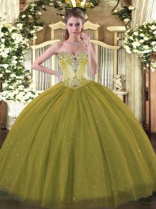 Captivating Olive Green Ball Gowns Beading Quince Ball Gowns Lace Up Tulle and Sequined Sleeveless Floor Length