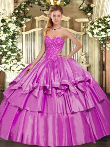 Sleeveless Floor Length Beading and Ruffled Layers Lace Up Ball Gown Prom Dress with Lilac