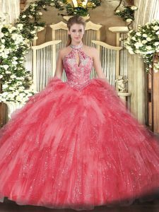 Sleeveless Organza Floor Length Lace Up Quinceanera Gowns in Coral Red with Beading and Ruffles