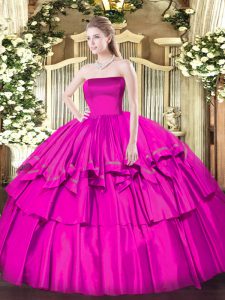 Artistic Sleeveless Floor Length Ruffled Layers Zipper Quinceanera Gown with Fuchsia