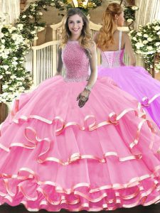 Rose Pink Ball Gowns Organza High-neck Sleeveless Beading and Ruffled Layers Floor Length Lace Up Ball Gown Prom Dress