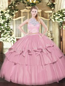 Sweet Sleeveless Zipper Floor Length Lace and Ruffled Layers Quince Ball Gowns