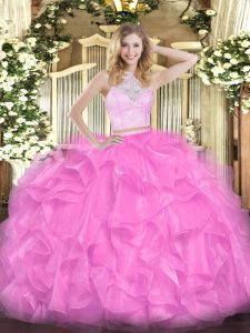 Rose Pink Sleeveless Floor Length Lace and Ruffles Zipper Vestidos de Quinceanera