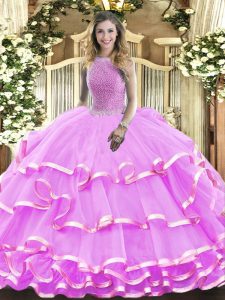Attractive Beading and Ruffled Layers Quinceanera Gown Lilac Lace Up Sleeveless Floor Length