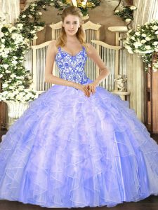 Charming Lavender Sleeveless Floor Length Beading and Ruffles Lace Up Quinceanera Gown