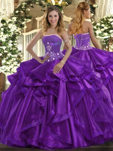 Floor Length Purple Sweet 16 Quinceanera Dress Strapless Sleeveless Lace Up