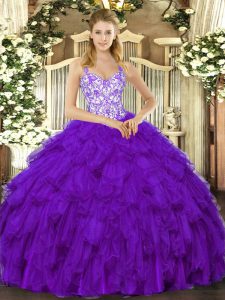 Charming Purple Ball Gowns Organza Straps Sleeveless Beading and Ruffles Floor Length Lace Up Quince Ball Gowns