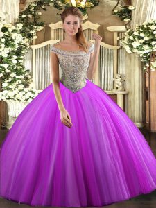 Fuchsia Quinceanera Dresses Sweet 16 and Quinceanera with Beading Off The Shoulder Sleeveless Lace Up
