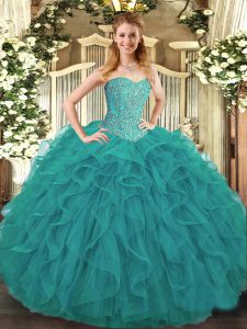 Simple Tulle Sleeveless Floor Length Sweet 16 Dresses and Beading and Ruffles